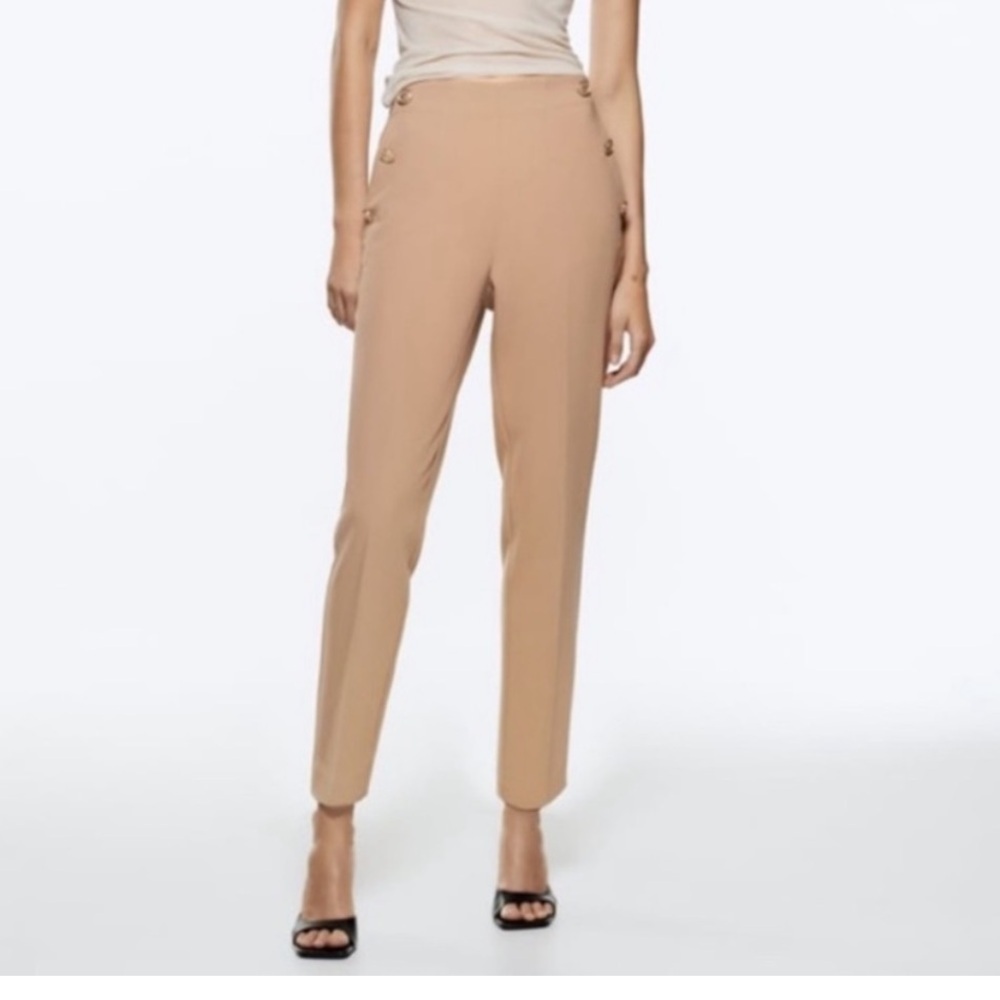 ZARA BUTTONED Camel Straight Leg Pants With Metallic Button Tan Size Small